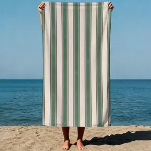Vertical stripes of green and white with black lines, modern minimalist art style. Sand-Free Beach Towel | Ultra-Light Microfiber | Quick-Dry, Compact for Travel