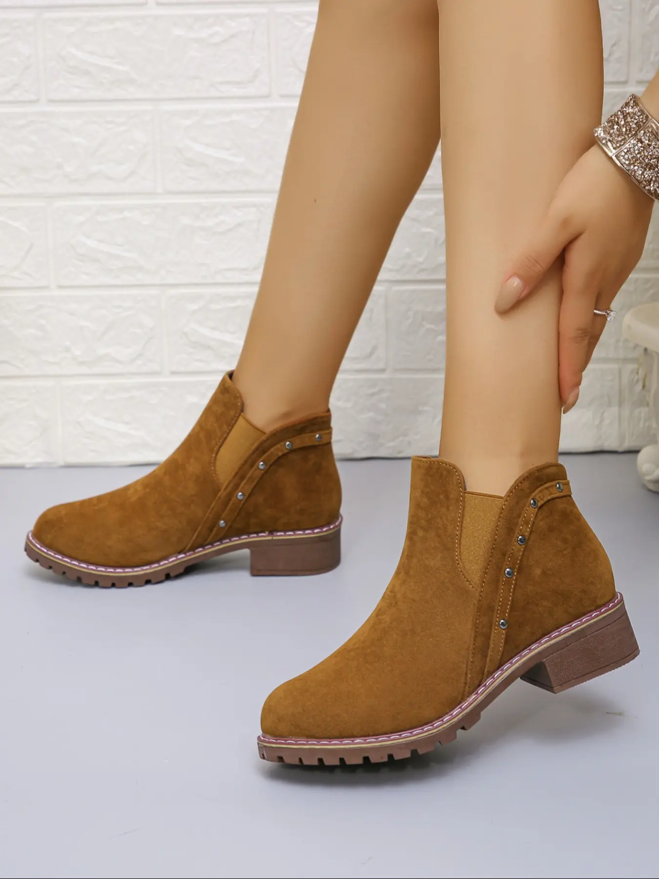 Women's Fashionable High-Low Help Casual Knit Short Boots, Rivet Design Elastic Band Flat Ankle Booties, Comfortable Fabric Lining