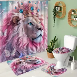 1/4 pcs Creative pink crown lion pattern shower curtain set, festive design, non-slip floor mat, U-shaped carpet, toilet lid cover, perfect for bathroom decoration, partition, beautify the space, Bathroom Decoration Accessories