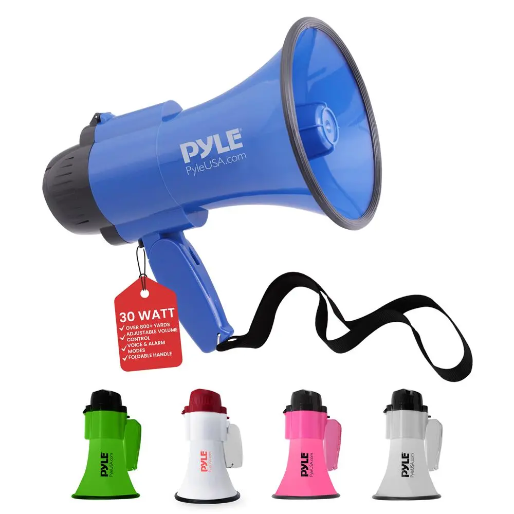 Compact 30W Megaphone with Siren & Foldable Handle - Blue | 800 Yard Range Mini Loudspeaker with Adjustable Volume Control - Lightweight Handheld Portable Speaker for Coach, Emergency Announcement, Commercial & Outdoor Use