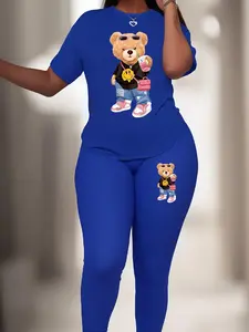 【Plus Size】 Two-Piece Set Cartoon Bear Print Tee & Pants, Casual Round Neck Short Sleeve T-shirt & Trousers for Daily Wear, Casual Loungewear Set, Women's Two-piece Outfits for Spring & Fall