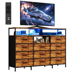 Dresser for Bedroom with 11 Fabric Drawers, 55 ” w Dresser TV Stand with Power Outlet & LED Lights for 65 Inch TV, Wood Top, Chest of Drawers for Closet, Entryway,