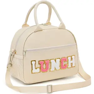 Women's Large Insulated Lunch Bag with Chenille Letter,Preppy Lunch Box for Work, Reusable Tote with Adjustable Straps,Portable Picnic Cooler – Pink