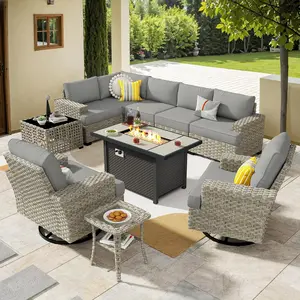 POUUIN 10-Piece Modern PE Wicker Rattan Outdoor Sectional Set - L-Shaped Extra-Deep Conversation Sofa with Firepit Table and Swivel Rocking Chairs, Wicker Rattan Set