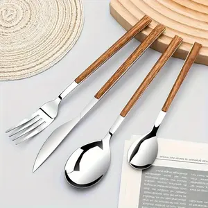 4pcs/8pcs/12pcs Stainless Steel Cutlery Set with Wooden Handle - Heavy-Duty Knife, Fork, Spoon & Coffee Spoon Suitable for Home, Restaurant, Party Dining - Elegant Tableware, Forks Spoons And Knives Set