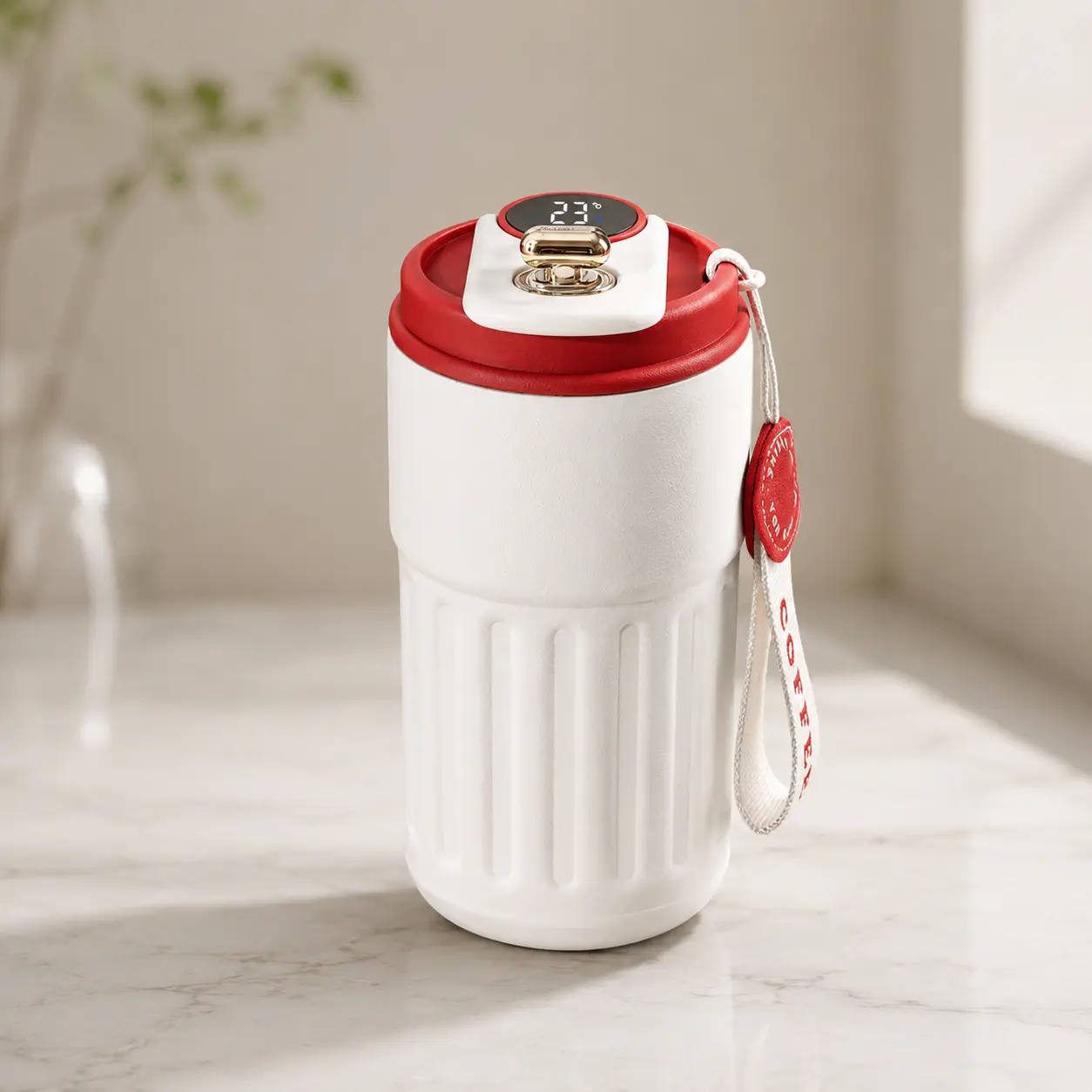 Portable Vacuum-Insulated Tumbler with Digital Temperature Lid, Wrist Strap, Travel-Ready Reusable Cup for Drink, Coffee/Water, Work, Fitness