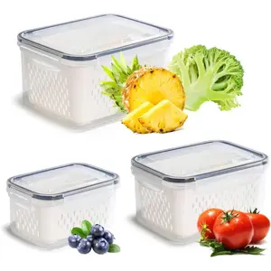 3 PCS Large Fruit Containers for Fridge - Leakproof Food Storage Containers with Removable Colander - Dishwasher & microwave safe Produce Containers Keep Fruits, Vegetables, Berry, Meat Fresh longer TikTokShopBlackFriday Christmas Tableware Sets Stock Up