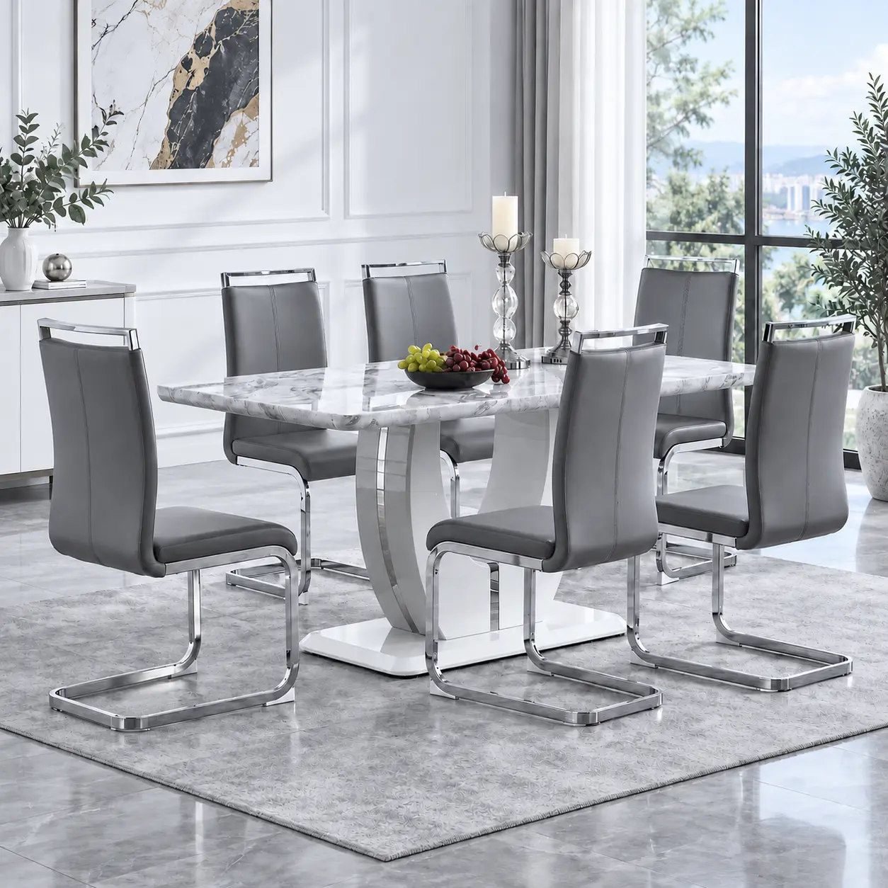 MUUOKY Contemporary 7-Piece Faux Marble MDF Top Dining Set (1 Table + 6 Chairs) or 4-Piece Dining Table Set of 4, Dark Gray PU Leather Chairs, 63" L × 37" W × 30" H, 300 lbs Capacity, Waterproof Rectangle Indoor Furniture, Assembly Required