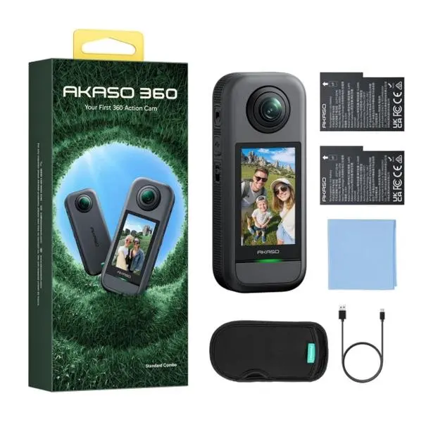 AKASO 360° Outdoor Sports Recording Camera - 5.7K Video, 72MP Photo, 2.29" Touchscreen, 48MP Dual Lens, Micro SD Compatible, Li-Ion Batteries, Invisible Selfie Stick Effect, 360-SuperSmooth Stabilization, Horizon Lock, AI Tracking for Travel, Cycling