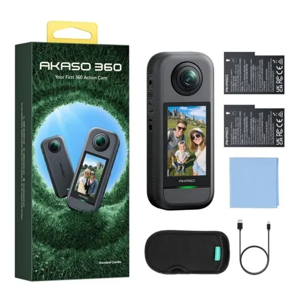 AKASO 360° Outdoor Sports Recording Camera - 5.7K Video, 72MP Photo, 2.29" Touchscreen, 48MP Dual Lens, Micro SD Compatible, Li-Ion Batteries, Invisible Selfie Stick Effect, 360-SuperSmooth Stabilization, Horizon Lock, AI Tracking for Travel, Cycling
