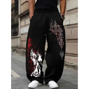 Men's Gothic Angel & Cross Print Baggy Pants - Black Oversized Streetwear Sweatpants, Dark Aesthetic Casual Wide Leg Trousers