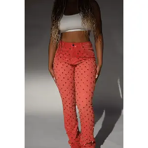 Sareka Red Rhinestone Stacked Flare Jean