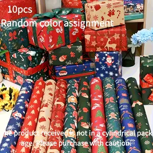 10 Rolls Christmas Wrapping Paper, Cartoon Theme Reusable Wall Stickers, Gift Packaging, Holiday Decorations, Durable Paper Material
