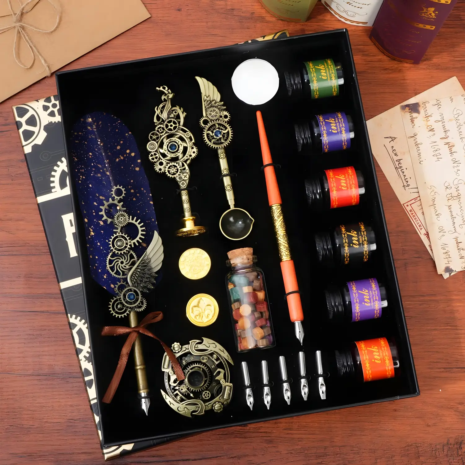 Retro Style Writing Pen Set, 1 Set Exquisite Feather Writing Pen & Handmade Wax Set, Mother's Day Gifts, Writing Stationery Gift for School Office Hom