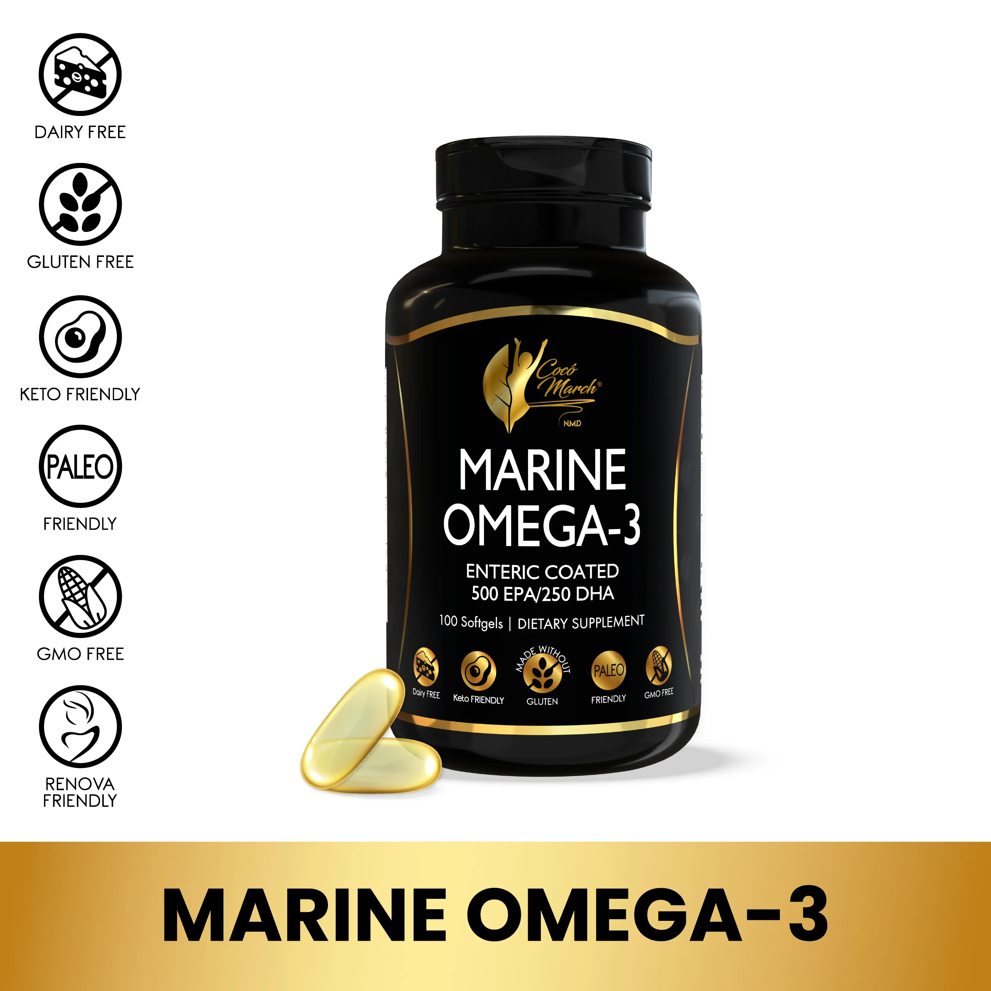 Coco March N.M.D Marine Omega-3 Dietary Supplement, Essential Fatty Acids Fish Oil Wellness Supplement for Adults, DHA EPA - 100 Softgel Capsules