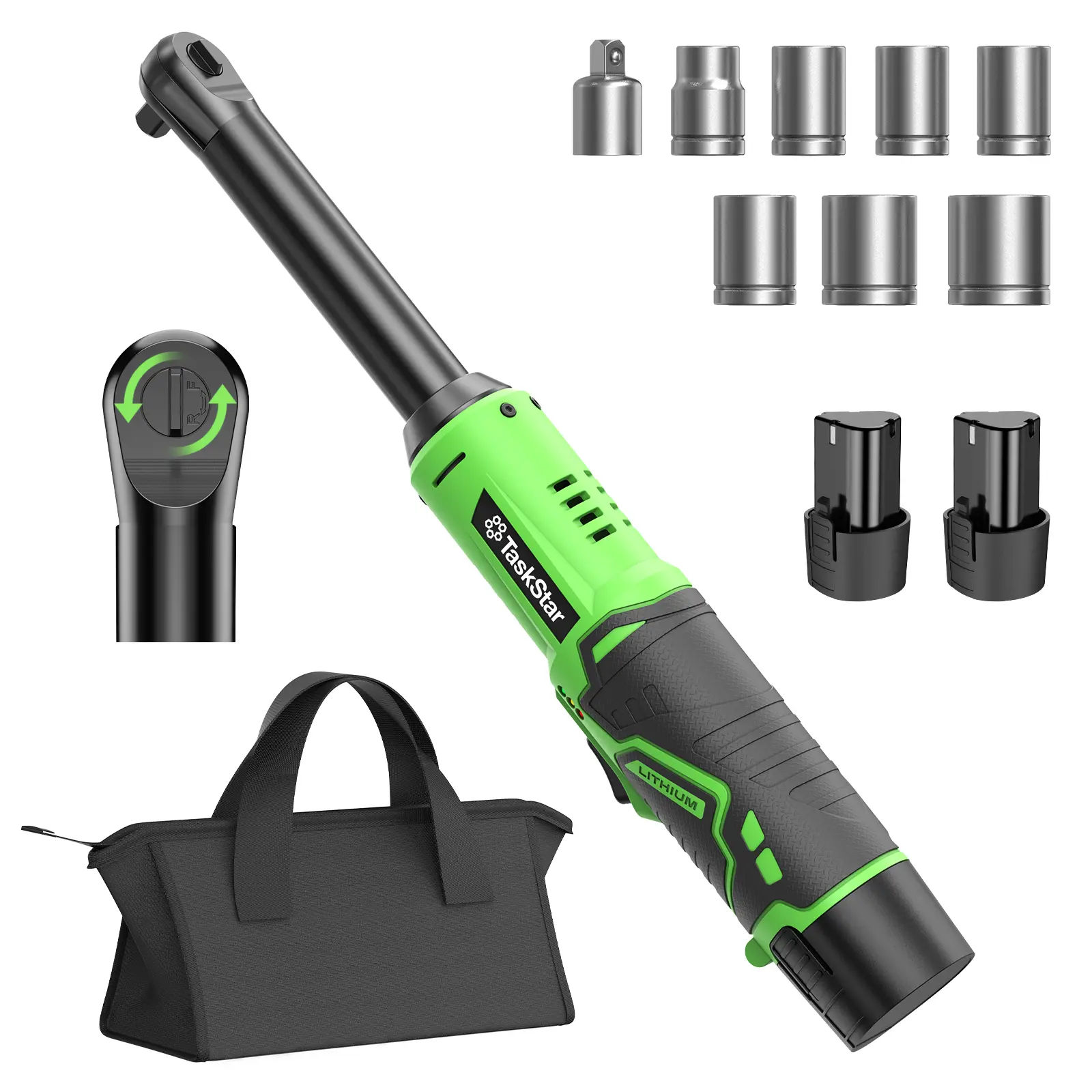 TaskStar 3/8" Drive 21V Electric Cordless Ratchet Wrench Set, Dual 2.0A Batteries, 51.6ft Lbs, Max 320RPM Variable Speed Trigger, LED Work Light, 8 Sockets, Extension Rods, Adapters, Ideal for Automotive And Mechanical Work
