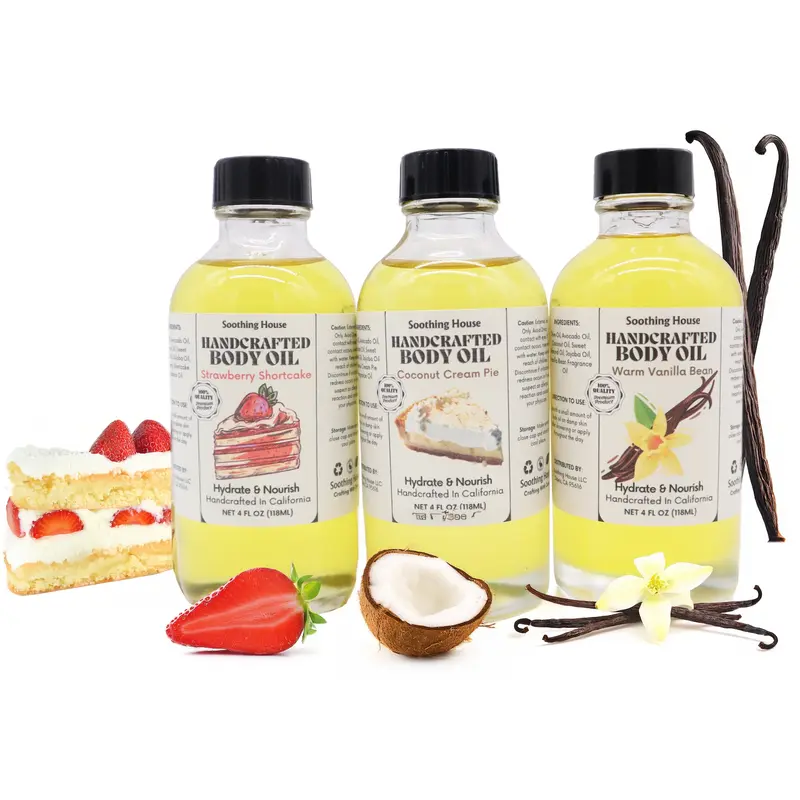 Best Selling 3-Piece Luxury Body Oil Trio Bundle - Silky Coconut Cream, Vanilla Bean, Strawberry Shortcake Fragrance Aroma Beauty Products
