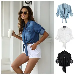 Women's 3/4 Casual Sleeve Denim Crop Top Tie Knot Shirt Cardigan