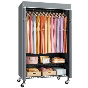 Ulif P6C Heavy Duty Closet Organization with Dust Cover,Portable Wardrobe with Wheels, Freestanding Clothes Rack, Adjustable,Black Home Supplies Storage Furniture