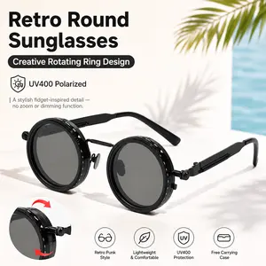 Polarized Round Sunglasses with Decorative Rotating Frame, UV400 Anti-Glare Retro Punk Eyewear for Men Women, Frame Does Not Adjust Light
