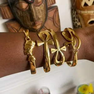 African Jewelry Statement Bracelets Set - Nefertiti Ankh & Eye of Ra Bangles for Women Adjustable Stainless Steel Egyptian Gift Set