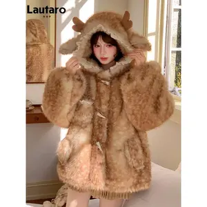 Lautaro Autumn Winter Thick Warm Sweet Cute Lace Patchwork Faux Fur Coat Hoodie Women with Deer Ears Horn Buttons Fluffy Jacket