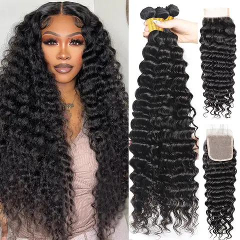 Brazilian Deep Wave Bundles with Closure Human Hair Bundles with 4x4 Lace Closure Unprocessed Virgin Human Hair 3/4 Bundles with Closure #SohoChic