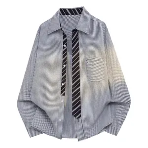 Men’s spring new plaid long-sleeve mock-tie shirt; unisex loose preppy color-block casual shirt with a premium feel; vintage versatile loose casual lapel jacket
