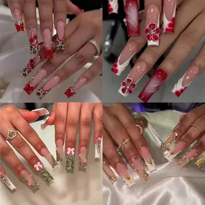 96 Pcs 3D Powder Coffin Nails Set, 4 Unique Elegant Rhinestone Decorated Designs with Gold Rhinestones, Glossy Finish, Reusable, Free Jelly Glue & Nail File