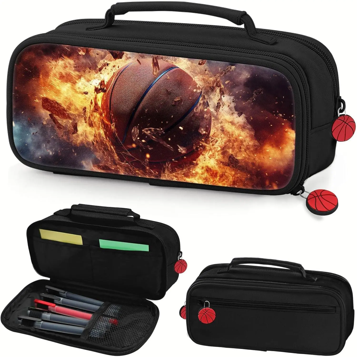 Basketball Pencil Case for Boys - 600D Oxford Cloth Large Zipper Compartment Pen Organizer with Handle, 8.86in x 3.74in x 2.76in Capacity - Ideal for Back-to-School, Graduations, School Supplies, 8.86" X 3.74" X 2.76"