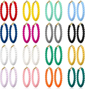 16 Pairs Beaded Hoop Earrings Women Bohemian Circle Round Bead Earrings Bulk Colorful Bead Dangle Earrings(2 Inch)