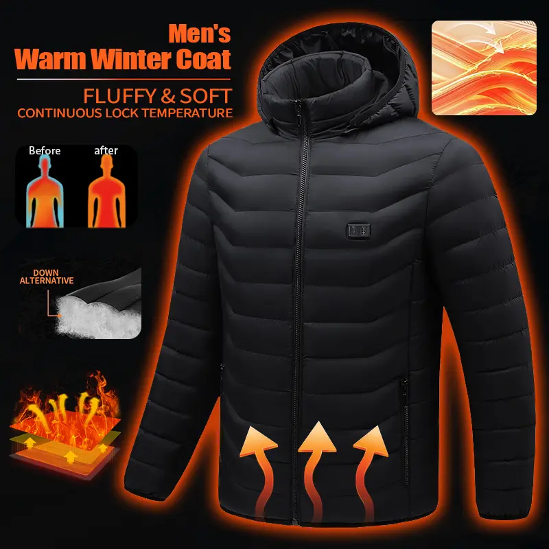 Men's Casual Heated Puffer Jacket for Winter, Plain Hooded Tops with Smart USB Electric Heating, Coats, Polyester Blend, Foldable, Multi-Function