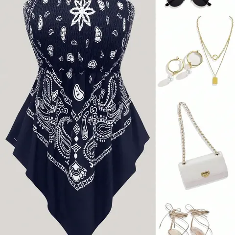 Women's Ethnic Print Sleeveless Crop Top, Boho Style Asymmetric Hem Tube Top, Casual Summer Fashion, Perfect for Outing and Vacation