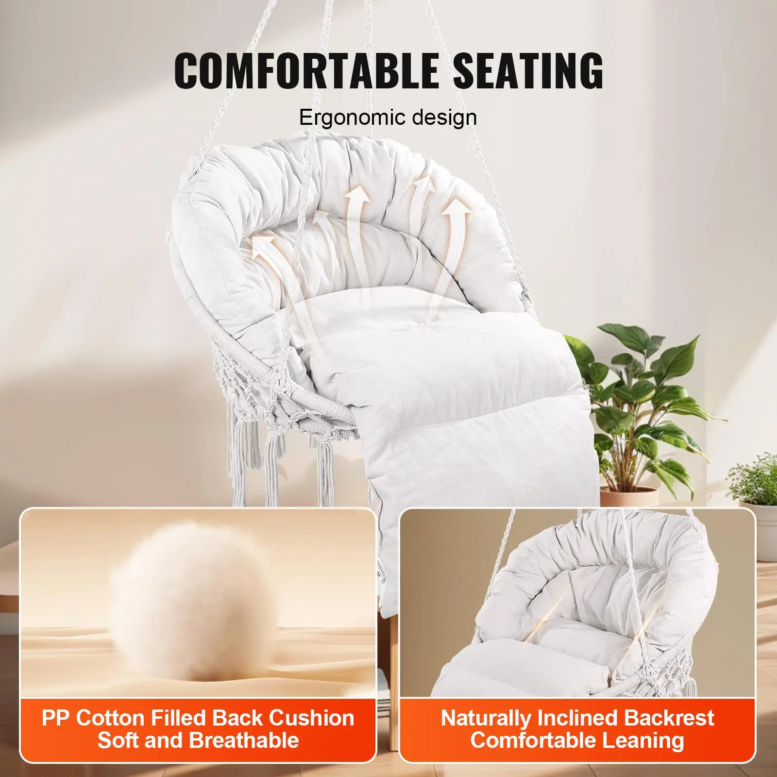 【Summerfinds】VEVOR Hanging Hammock Swing Chair, 330 Lbs Capacity, Macrame Hanging Chair with Cushion and Mounting Hardware, Cotton Rope Swing Chair for Bedroom, Balcony, Patio, Garden, Beige