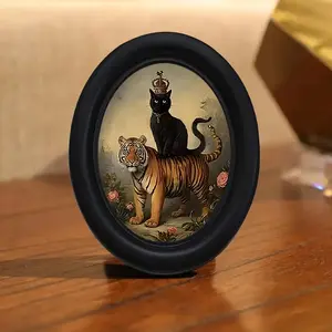 1pc Extra Large Oval Picture Frame - Vintage Victorian-Style Black Cat & Tiger Design - Handcrafted Retro Photo Frame for Home/Office Decor - Ornate Wall Display - 6.8x8.7 Inches - Perfect for Photos,Posters - Wall Decor - Artistic Display Frame