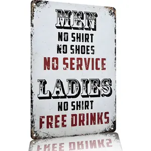 Metal Sign 12x8 Inch Aluminum Wall Decor - "Men No Shirt No Shoes No Service Ladies No Shirt Free Drinks" Funny Bar Wall Art, Distressed Red & White Retro Plaque for Bar & Man Cave