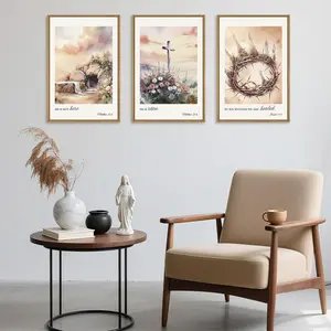 Set Of 3 Christian Cross, Jesus Empty Tomb Decor, Christian Religious Bible Painting, Jesus Crucifixion Risen Easter Print for Living Room