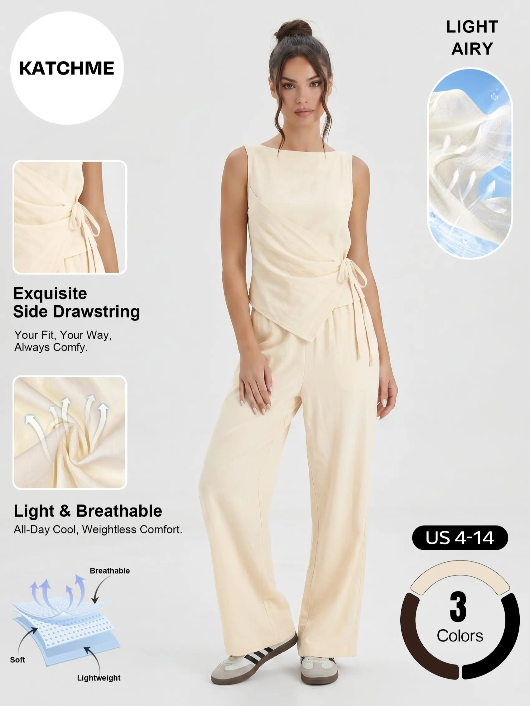 Katch Me Chic Women's Elegant Side Drawstring Sleeveless Top & Wide Leg Trousers Co-ord, Minimalist Scoop Neck Two Piece Sets, Lightweight Quick-Drying Daily Outfit #TikTokMadeMeBuyIt #MatchingSet #SummerEssentials #CoolTouch #QuickDry