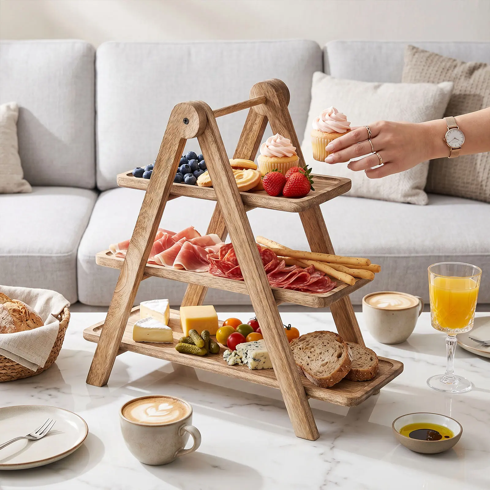 3-Tier Collapsible Wooden Serving Tray, Farmhouse Decorative Tiered Platter, Multi-use Cake Stand, Bread Basket & Charcuterie Board for Wedding, Party, Event & Home Storage