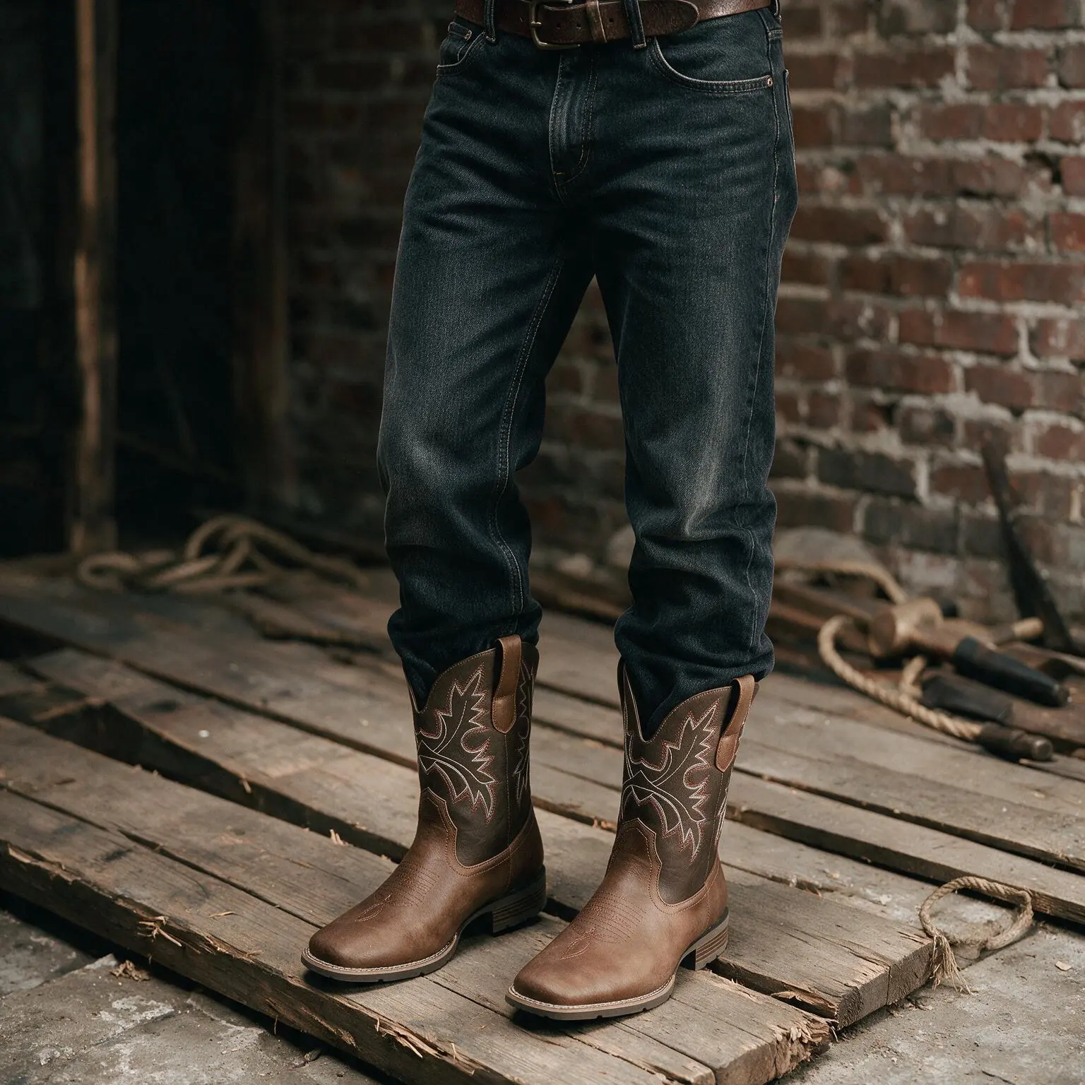 Men’s Classic Western Vintage Minimalist Rodeo Work Boots - Brown Cloth Cowboy-Design Square Toe Closed-Toe Footwear, Waterproof, Slip-Resistant, Rugged Work & Safety Shoes for Ranch Use, Slip-On, Ideal Gift