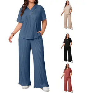 AUCICCOO Womens Plus Size Lounge Sets 2 Piece Outfits Ribbed Knit Short Sleeve Pullover Tops Wide Leg Pants Soft Loungewear