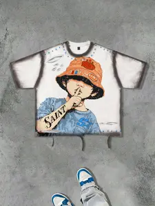 Men's Fashion Vintage Cartoon Fisherman Hat Print Saint Letter Trendy Street Cut Hole Design Short Sleeve Streetwear T-Shirt