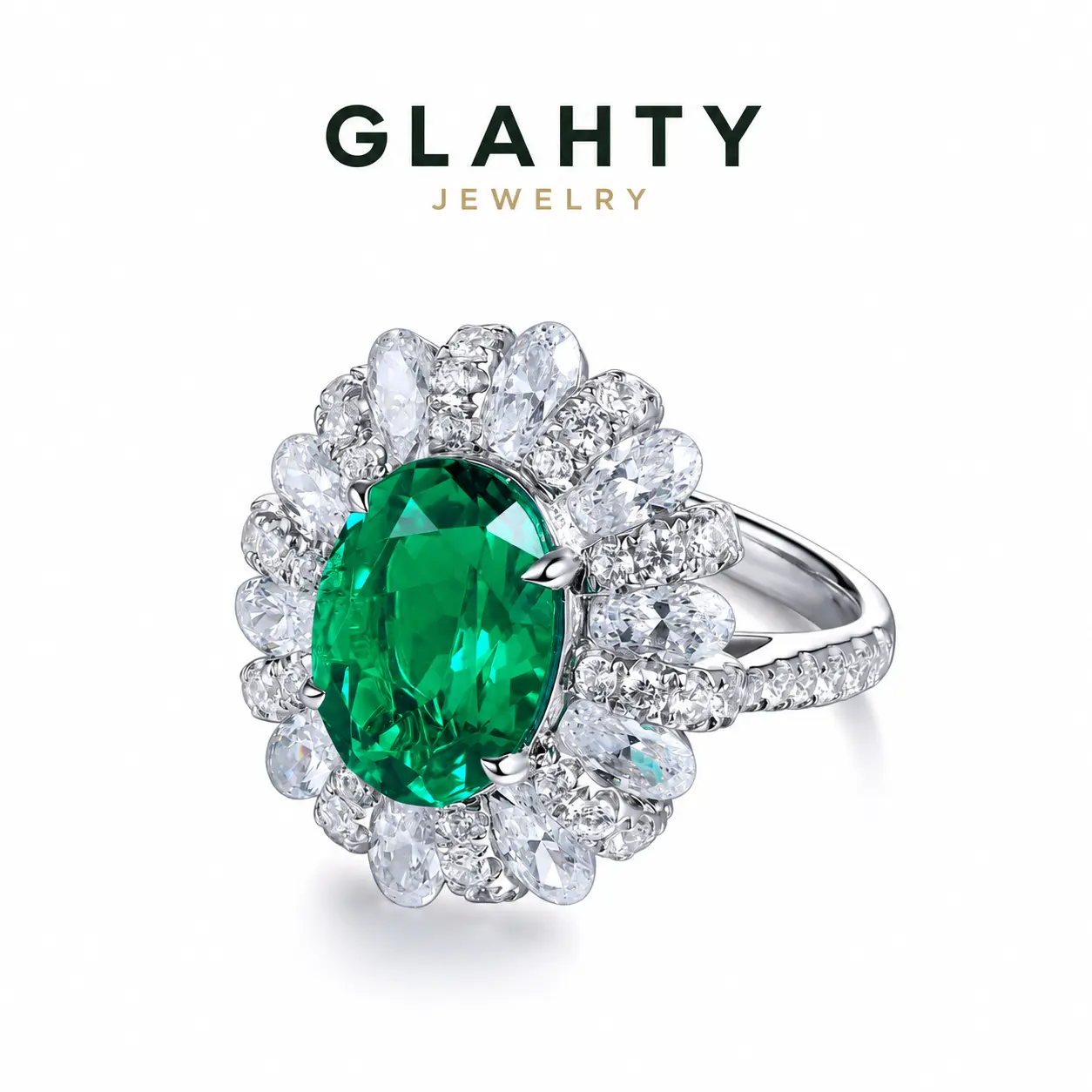 【Y004】Glahty Jewelry 5CT Lab-Grown Emerald Ring for Women, Zambian Green Oval Gemstone S925 Sterling Silver 18K Gold Plated Floral Halo Ring