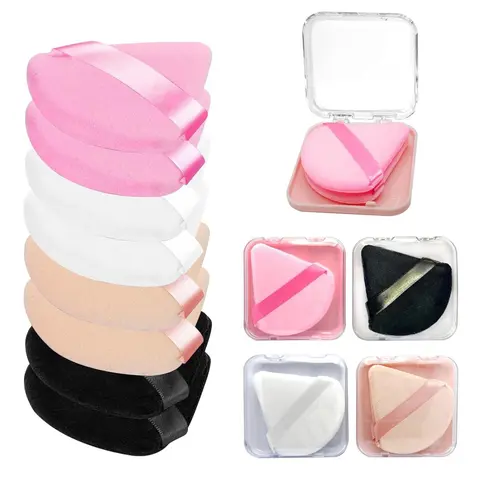 Reusable Velour Triangle Powder Puffs Multi Pack (8 Pieces with 4 Travel Pouches), Dry-Wet Use for Sensitive Skin, Smoothing Makeup Blending Tools for Loose Powder, Liquid Foundations, Cushions, Eye Shadows, Barrier Creams