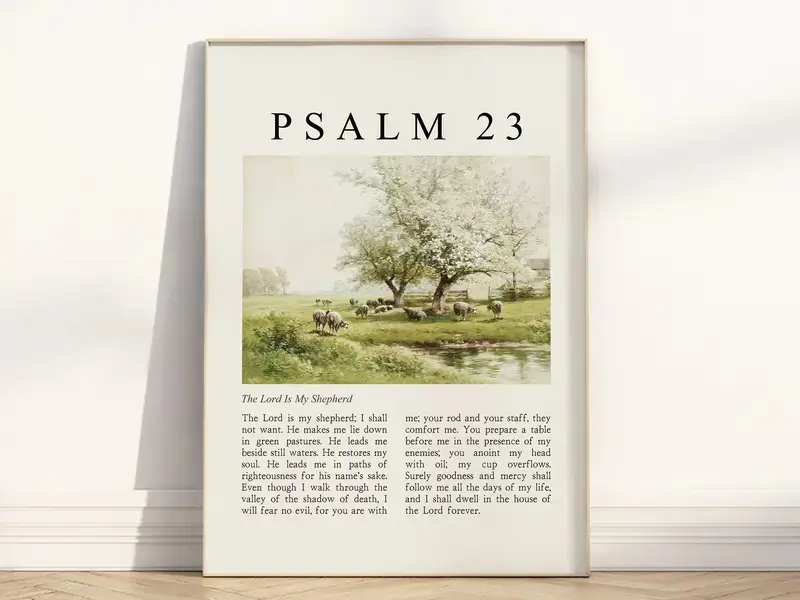 Psalm 23 The Lord Is My Shepherd Paper Wall Art Photo Print - Vintage Christian Oil Painting Illustration, Artistic Scripture Quote Home Decor