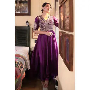 Purple embroidered tunic gown and bottoms