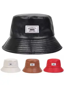 Unisex Brooklyn PU Leather Bucket Hat, Outdoor Sun Protection Casual Cap, Spring & Fall Travel Beach Vacation, Asymmetrical Geometric Design, Asymmetrical Pattern