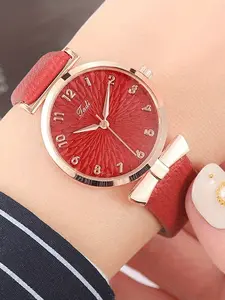 Women's casual round pointer Analog quartz watch simulates PU leather watch for daily life Casual Trendy Wristwatch