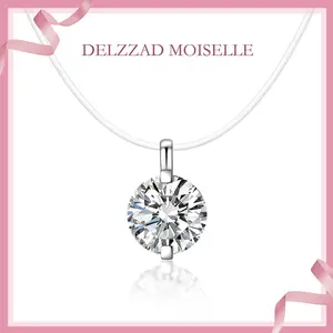 Delzzad 1-2ct Solitaire Two Prong Fishing Line Pendant Choker Necklace Clear Chain D Color Synthetic Moissanite S925 Bling Necklace Chain Birthday Anniversary Wedding Gift