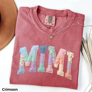 Printed Patchwork Floral Mimi Comfort Colors T-Shirt - Grandma Core Tshirt, Faux Mom T-shirt, Varsity Mom T-shirt Quilt Patchwork Mama Tee